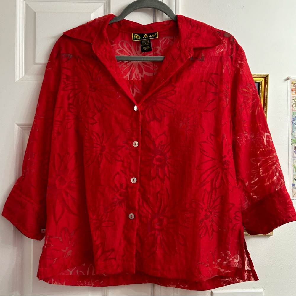 Vintage linen red floral cottage fairy blouse